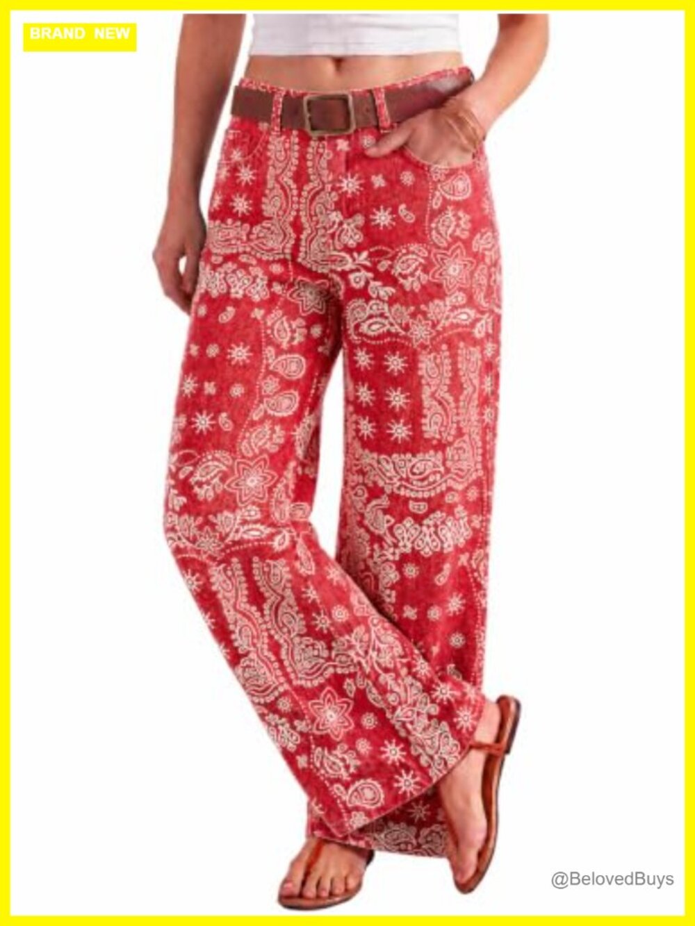 Womens Floral Wide Leg High Waist Baggy Jeans Boho Denim Pants
